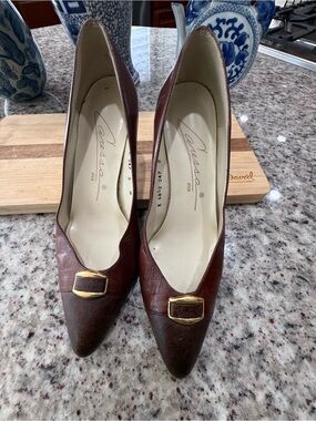 Caressa Brown Pointed Leather Heels with Gold Buckle Accent